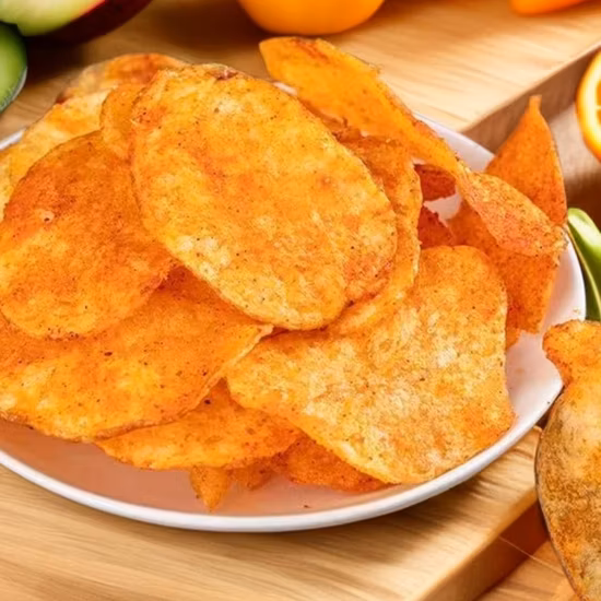 Salgadinhos crocantes fritos a vácuo em flocos de batata doce e batatas fritas